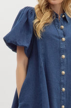 Load image into Gallery viewer, OLIVIA- dark wash Denim short bubble sleeve swing mini dress featuring accented gold buttons
