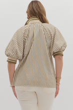 Load image into Gallery viewer, Plus Belle- Olive Stripe pattern half-zip closure short puff sleeve top
