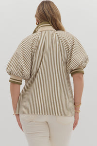 Plus Belle- Olive Stripe pattern half-zip closure short puff sleeve top
