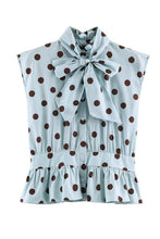 Load image into Gallery viewer, Polka dot bow tie baby blue/brown button down top #0811
