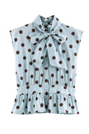 Polka dot bow tie baby blue/brown button down top #0811