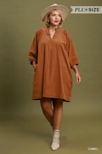 Load image into Gallery viewer, UMGEE Plus V neck camel shift dress with pockets

