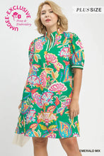 Load image into Gallery viewer, Plus Emerald Jacquard Paisley Print Puff Sleeve Tunic Dress
