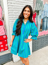 Load image into Gallery viewer, Delayla- Striped blue/Green Entro adjustable back dress
