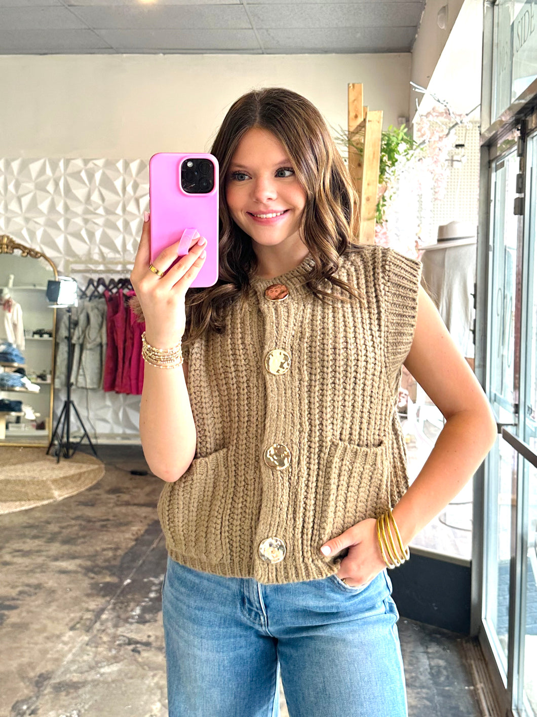 Lyndy- Taupe thick knit Gold Button Vest