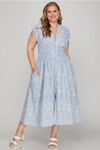 Load image into Gallery viewer, PLUS HARPER- Light blue embroidered print DROP SHOULDER SMOCKED WAIST FRONT ZIP MIDI DRESS WITH POCKETS
