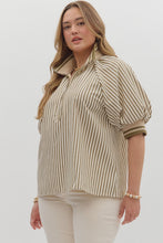 Load image into Gallery viewer, Plus Belle- Olive Stripe pattern half-zip closure short puff sleeve top
