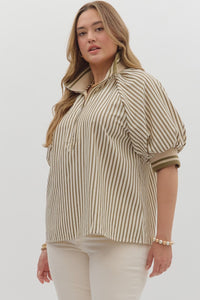 Plus Belle- Olive Stripe pattern half-zip closure short puff sleeve top