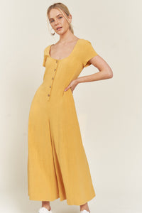 COCO- Linen mustard button down cropped wide leg jumpsuit