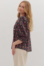 Load image into Gallery viewer, Black  Botanical print contrast detail ruffle cuff top
