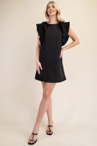 ANNA- Black pleated shoulder fully lined mini dress