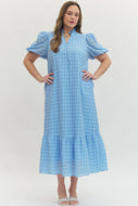 ENTRO- Plus size blue Eyelet short puff sleeve midi dress