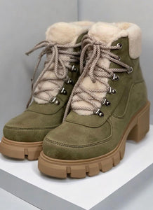 Khaki Lug Sole sherpa detail lace up booties- Saffi-s