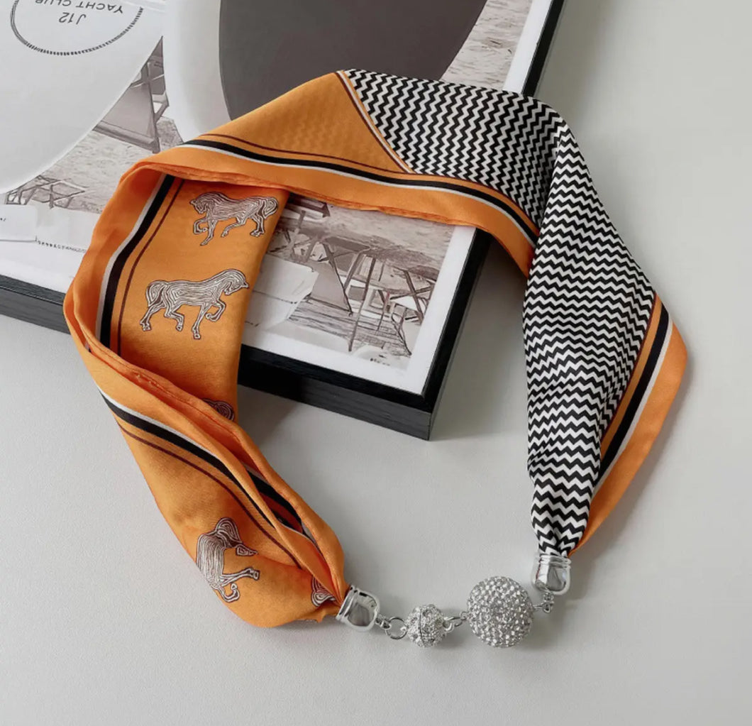 Magnetic pearl clasp Silk Scarf designer inspired  Necklace - Elegant Neck Wrap