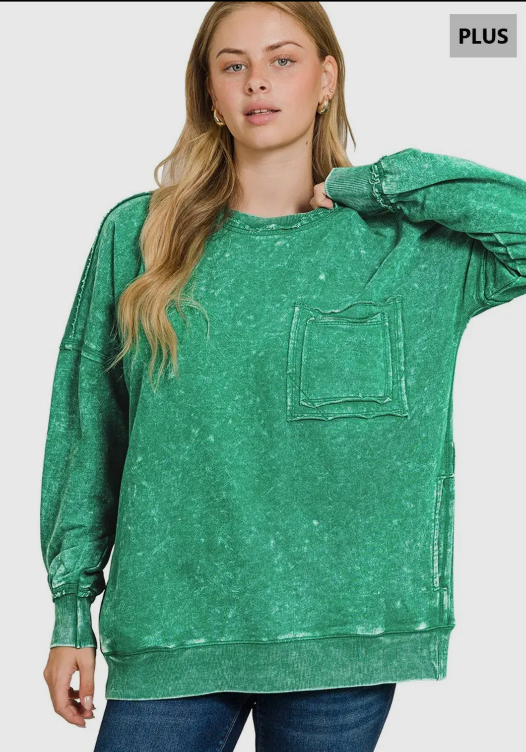 Plus Marlow- Forest French Terry washed Rae edge pocket sweatshirt
