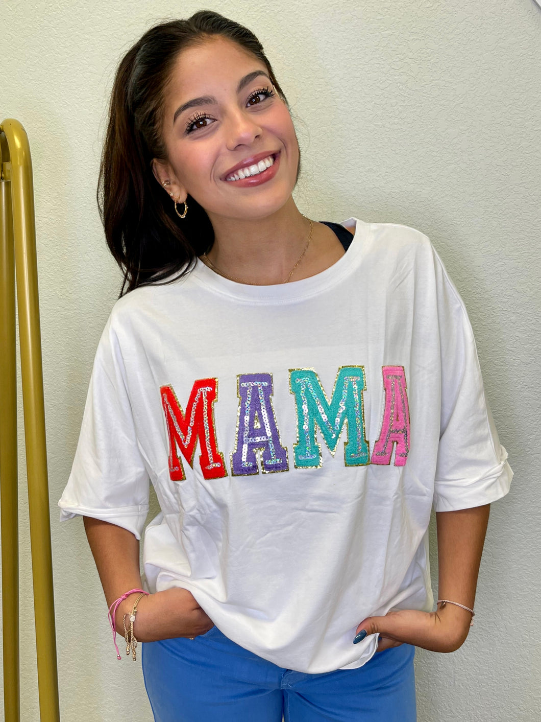 MAMA- sequins detail block letter top