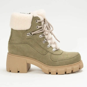 Khaki Lug Sole sherpa detail lace up booties- Saffi-s