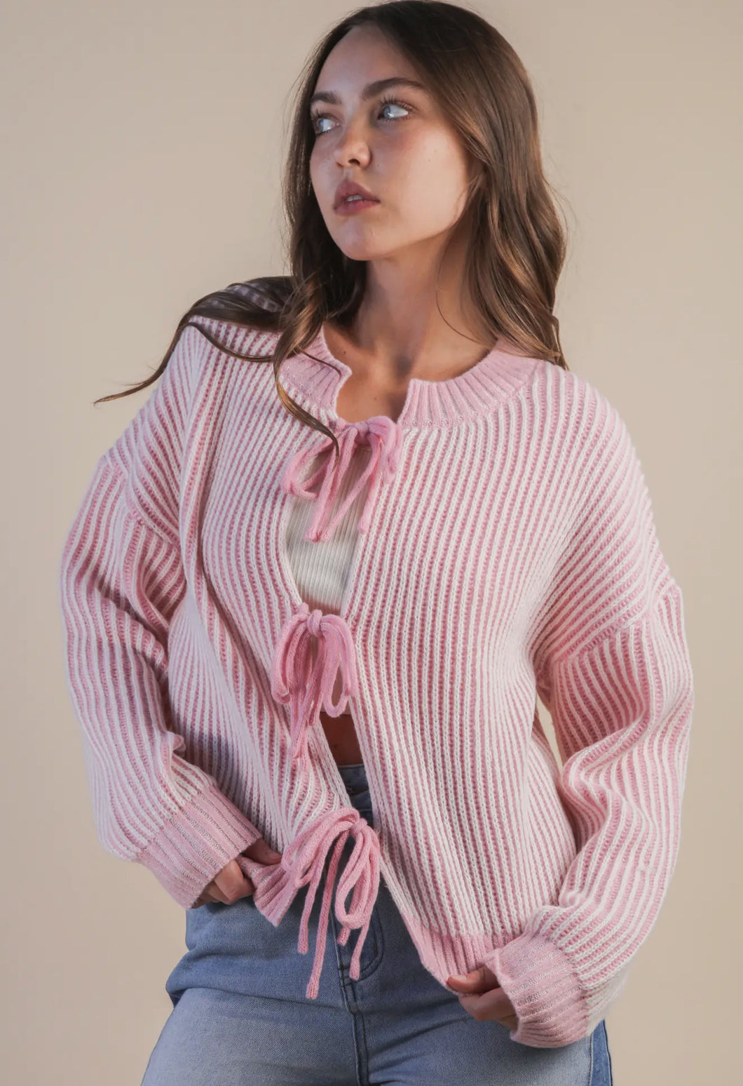 Malibu- Pastel Pink ribbed bow tie detail sweater