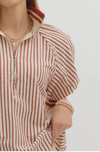 Load image into Gallery viewer, Belle- Brick Stripe pattern half-zip closure short puff sleeve top
