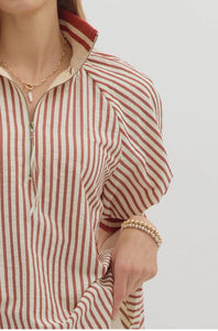 Belle- Brick Stripe pattern half-zip closure short puff sleeve top