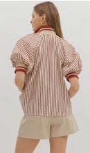 Load image into Gallery viewer, Belle- Brick Stripe pattern half-zip closure short puff sleeve top
