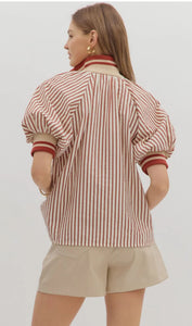 Belle- Brick Stripe pattern half-zip closure short puff sleeve top
