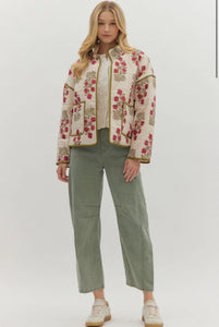 Botanical long sleeve cream quilted jacket