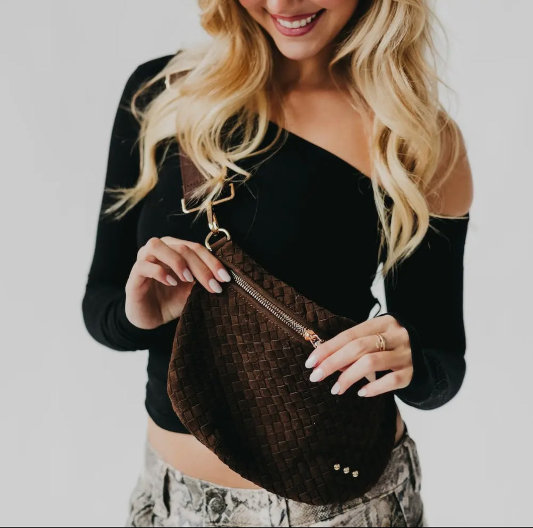 Pretty Simple-Westlyn Suede chocolate Brown Guitar strap Bum Bag - 3 sisters collection