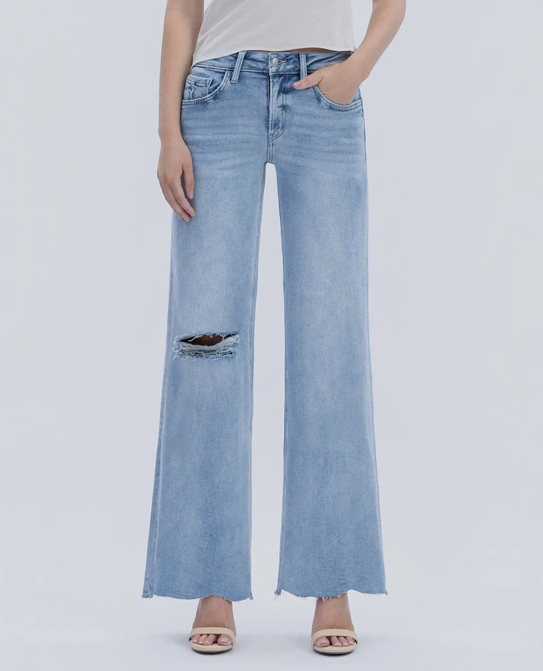 LOVERVET -High rise uneven raw hem wide leg jeans LV1961