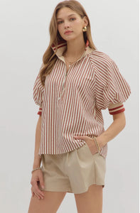 Belle- Brick Stripe pattern half-zip closure short puff sleeve top