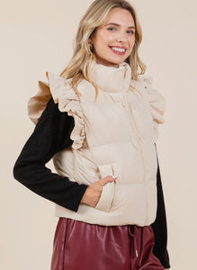 PLUS Geegee- semi- cropped ruffle trim beige puffer vest