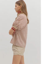 Load image into Gallery viewer, Belle- Brick Stripe pattern half-zip closure short puff sleeve top
