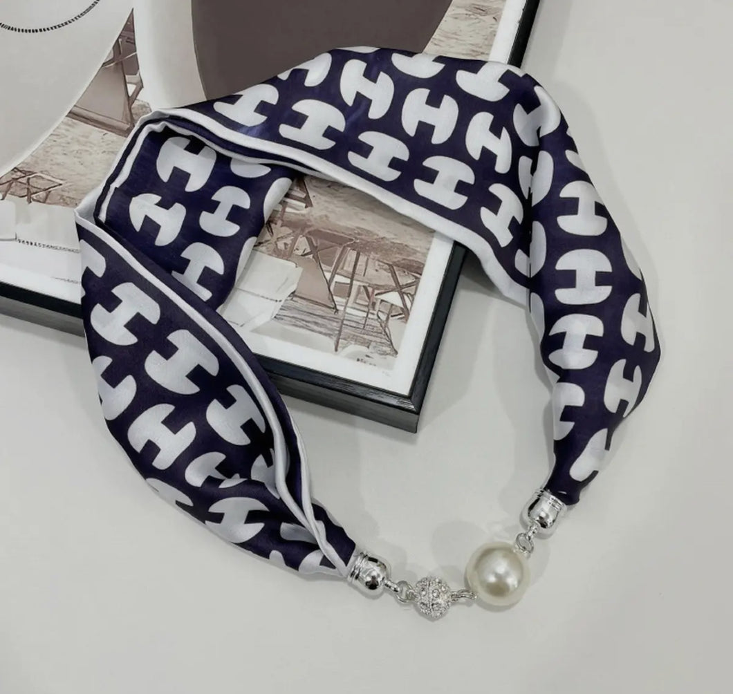 Magnetic pearl clasp Navy Silk Scarf designer inspired  Necklace - Elegant Neck Wrap