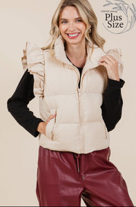 PLUS Geegee- semi- cropped ruffle trim beige puffer vest