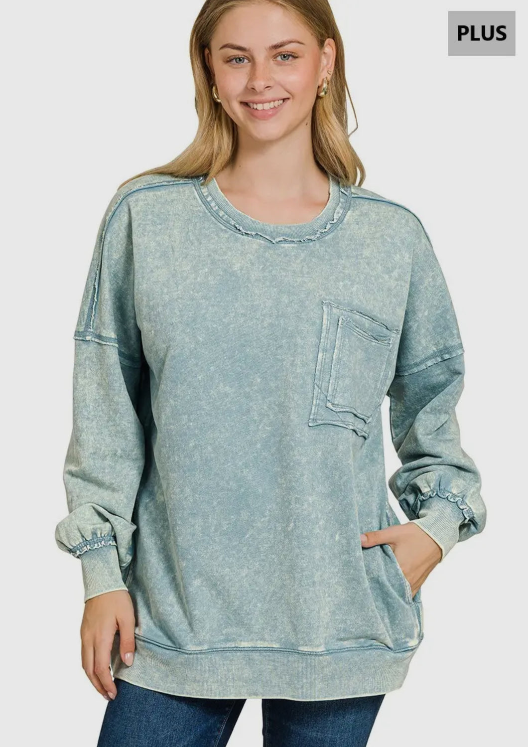 Plus Marlow- Blue Gray French Terry washed Rae edge pocket sweatshirt