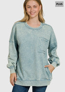 Plus Marlow- Blue Gray French Terry washed Rae edge pocket sweatshirt