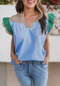 JADE- Two tone flutter sleeve top