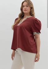 Load image into Gallery viewer, PLUS NALA - Burgundy animal print pipping detail top
