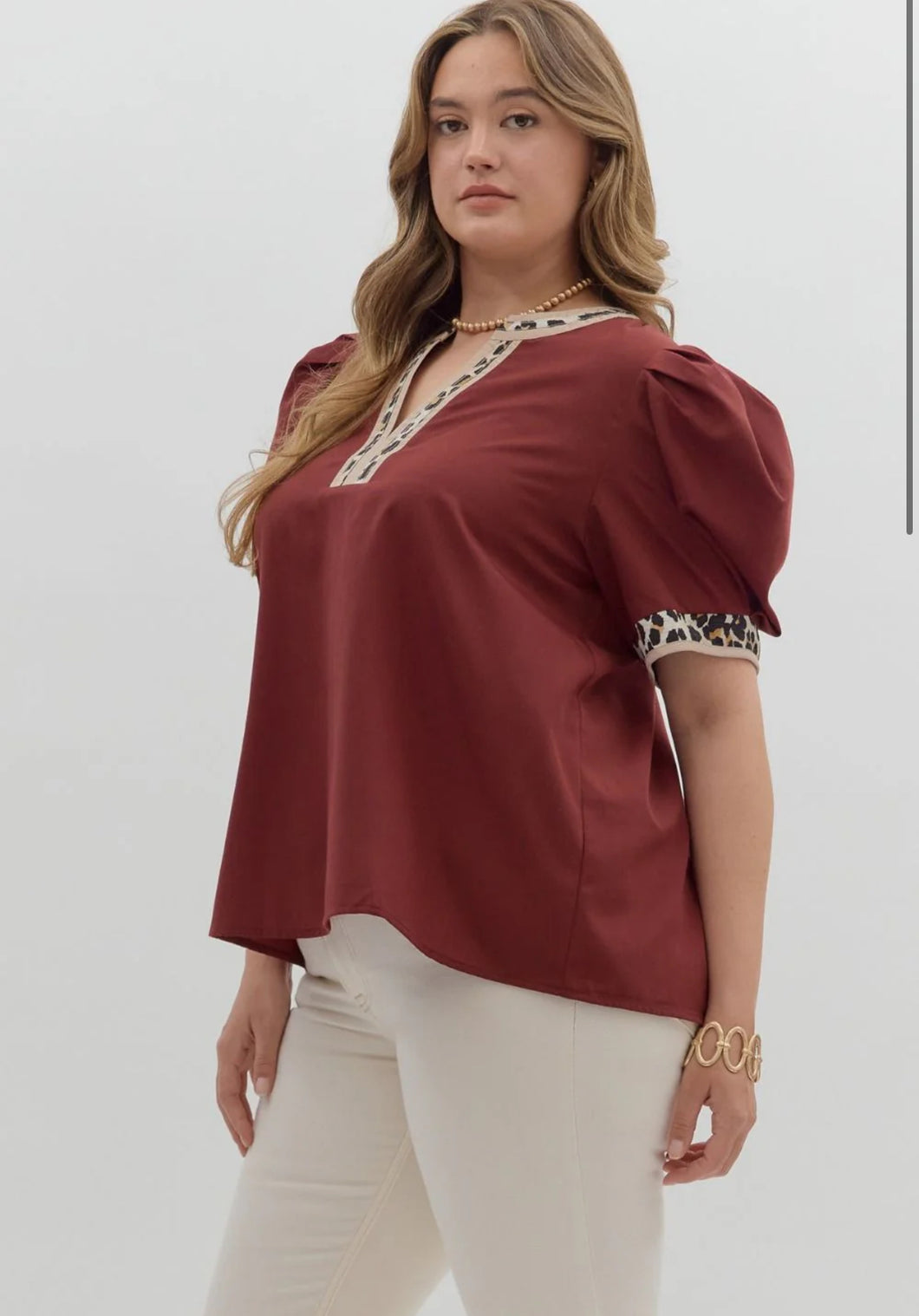 PLUS NALA - Burgundy animal print pipping detail top