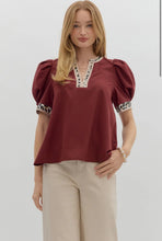 Load image into Gallery viewer, NALA - Burgundy animal print pipping detail top
