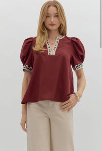 NALA - Burgundy animal print pipping detail top