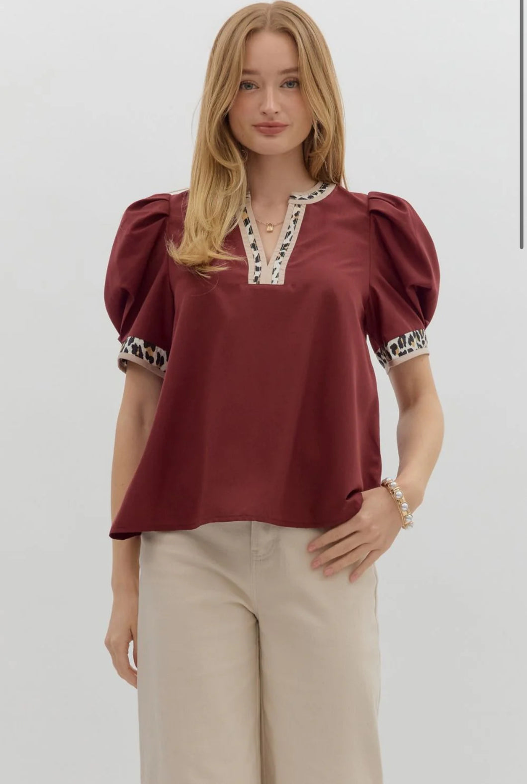 NALA - Burgundy animal print pipping detail top