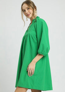 LINDY- Kelly Green Textured Puff Sleeve Babydoll Dress