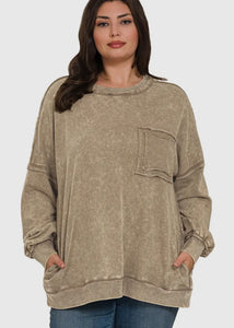 Plus Marlow- Mocha French Terry washed Rae edge pocket sweatshirt