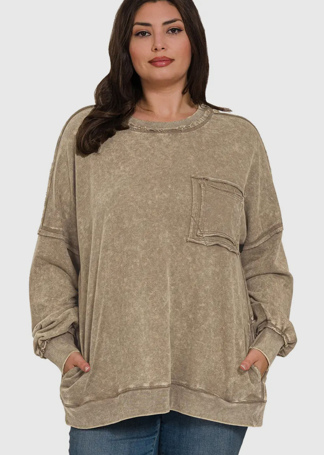 Plus Marlow- Mocha French Terry washed Rae edge pocket sweatshirt