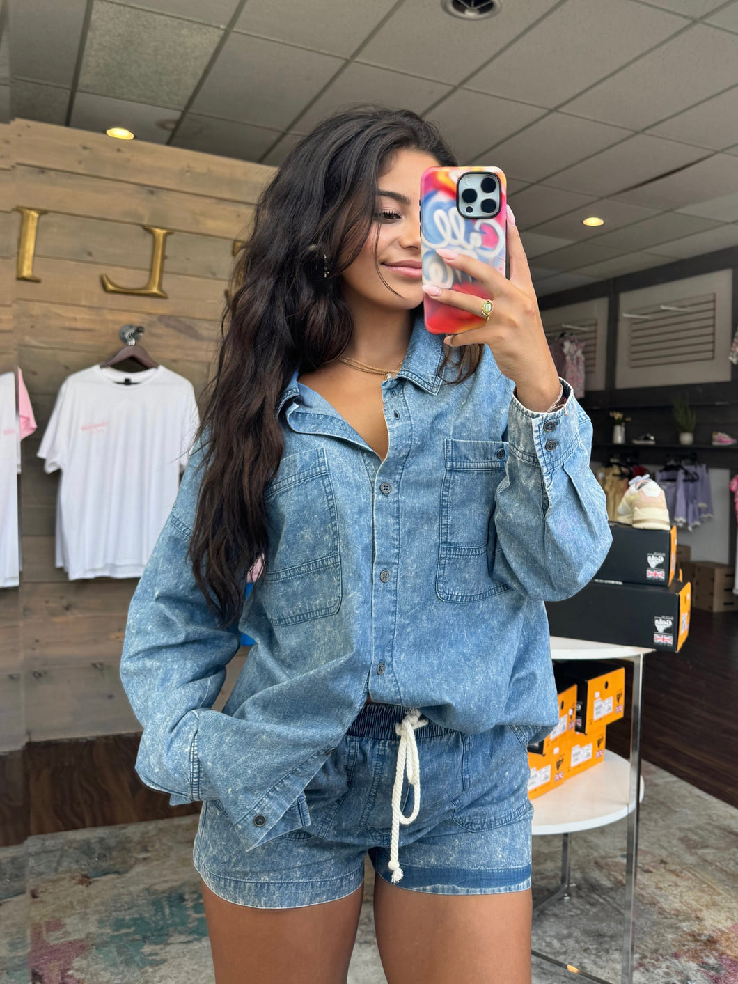 ABBIE- Indigo oversized denim button up top