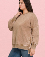 Curvy size Fleece lined washed mocha sweatshirt with pockets