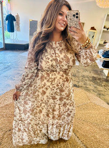 Plus Natalie- Long Sleeve Cream woven Floral Print Maxi dress