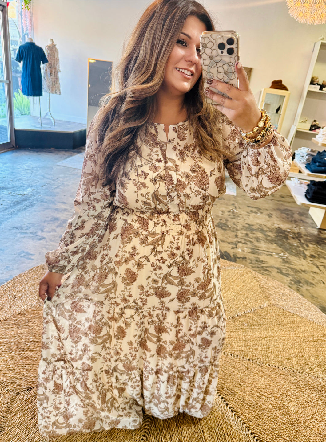 Plus Natalie- Long Sleeve Cream woven Floral Print Maxi dress