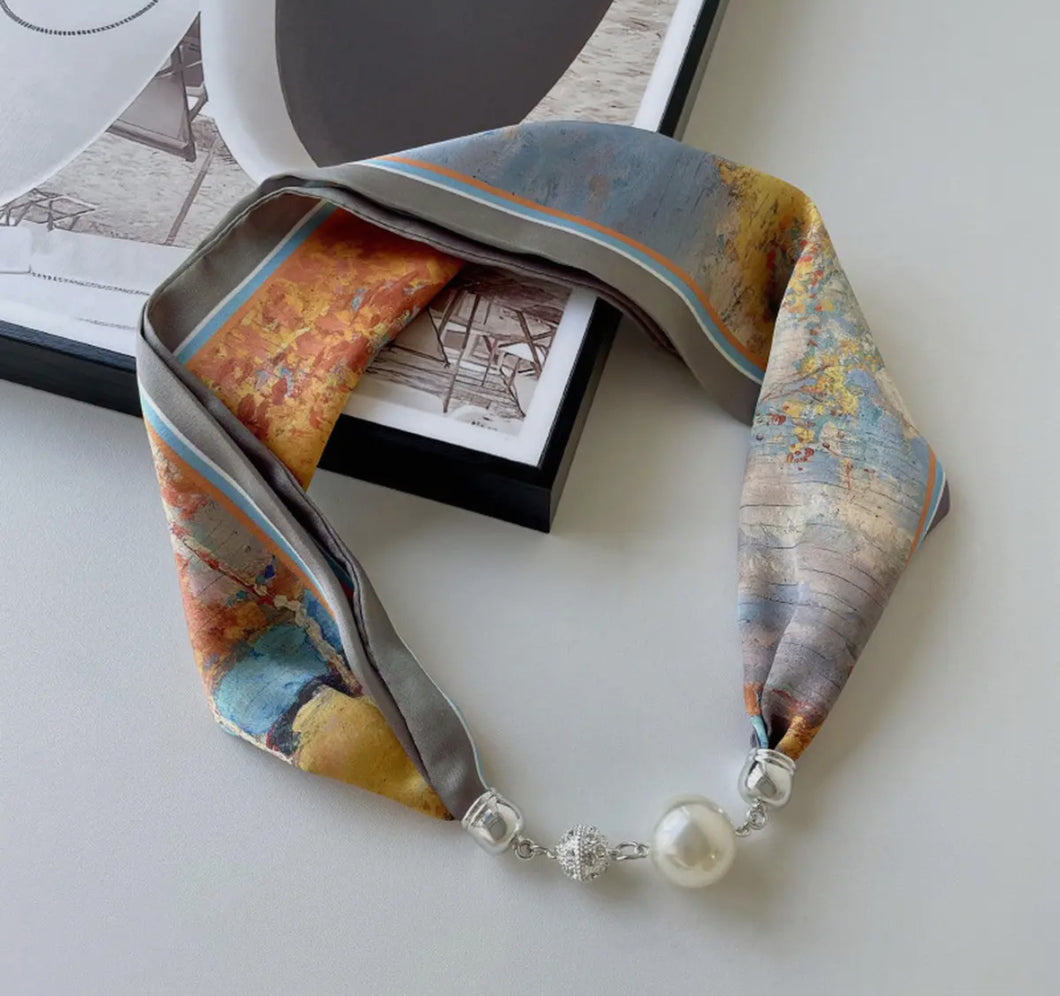 Magnetic pearl clasp Silk Scarf designer inspired  Necklace - Elegant Neck Wrap